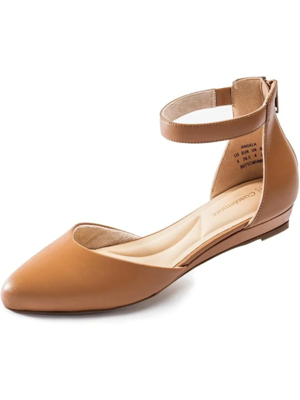 Women's Tan Pu Leather Flats Ankle Strap Comfortable Pointed Toe Dress Shoes